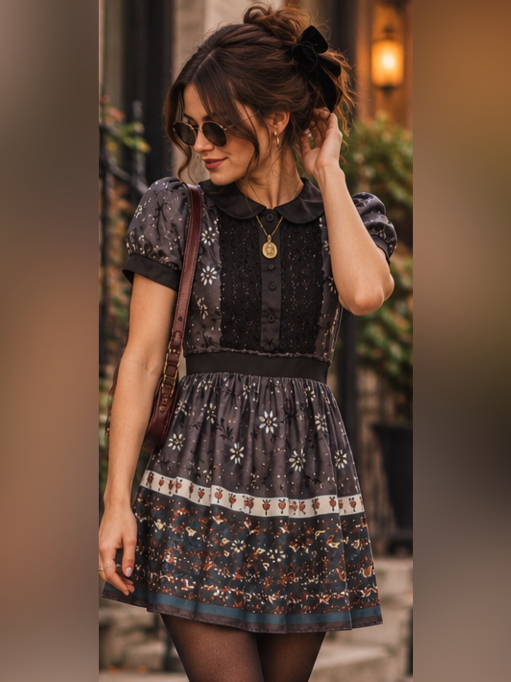 Vintage Designer Y2K Black Floral Peter Pan Collar Sparkle Babydoll Silk Dress 🥀